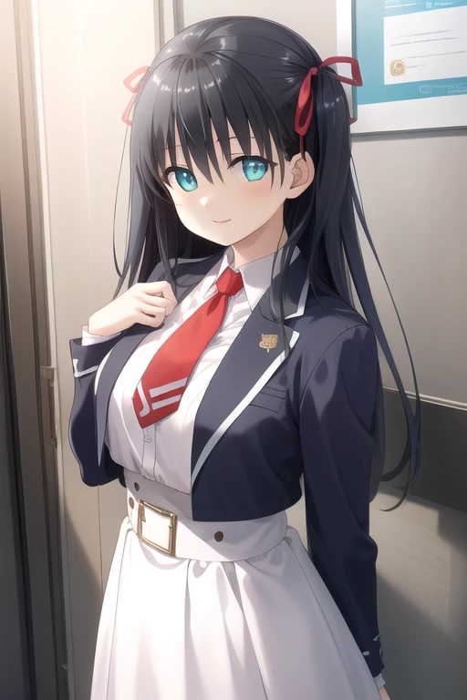 ((masterpiece)),(best quality),official art,extremely detailed CG,unity 8k wallpaper,ultra detailed,beautiful detailed eyes,extremely detailed face,outdoors,1girl,solo,upper body,(portrait:1.5),looking at viewer,facing viewer,smile,Sumiki Kotoha,very long hair,black hair,shiny hair,two side up,hair ribbon,red ribbon,hair between eyes,bangs,aqua eyes,blue jacket,wing collar,open jacket,red necktie,white shirt,collared shirt,long sleeves,large breasts,underbust,buttons,belt,high-waist skirt,white skirt,long skirt,black socks,loafers,<lora:Sumiki Kotoha(uycb)>,