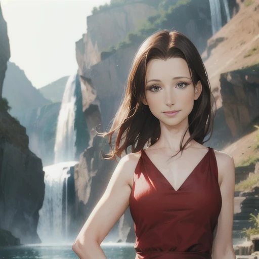 1girl, solo, ((shawneesmith)), looking at the viewer, beautiful, smile, blurred background, focus on face, waterfall in background <lora:Shawnee_Smith:1>