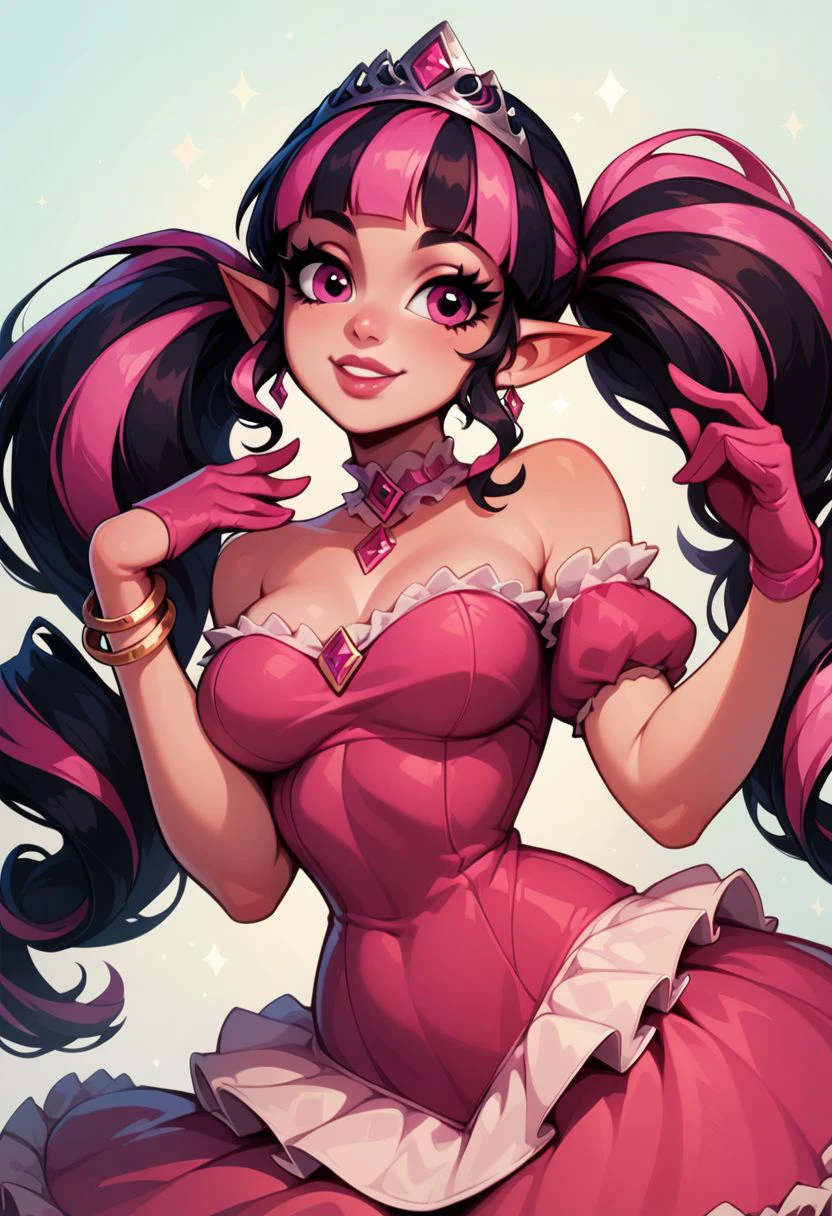 score_9, score_8_up, score_8, medium breasts, (curvy), cute, eyelashes, 
draculaura, solo, twintails, multiclored hair, pink hair, black hair, pink eyes, pointy ears, lips, 
bracelet, diamond (shape), dress, frilled dress, frills, gloves,  jewelry, off shoulder, pendant choker, smile, strapless, strapless dress, tiara,