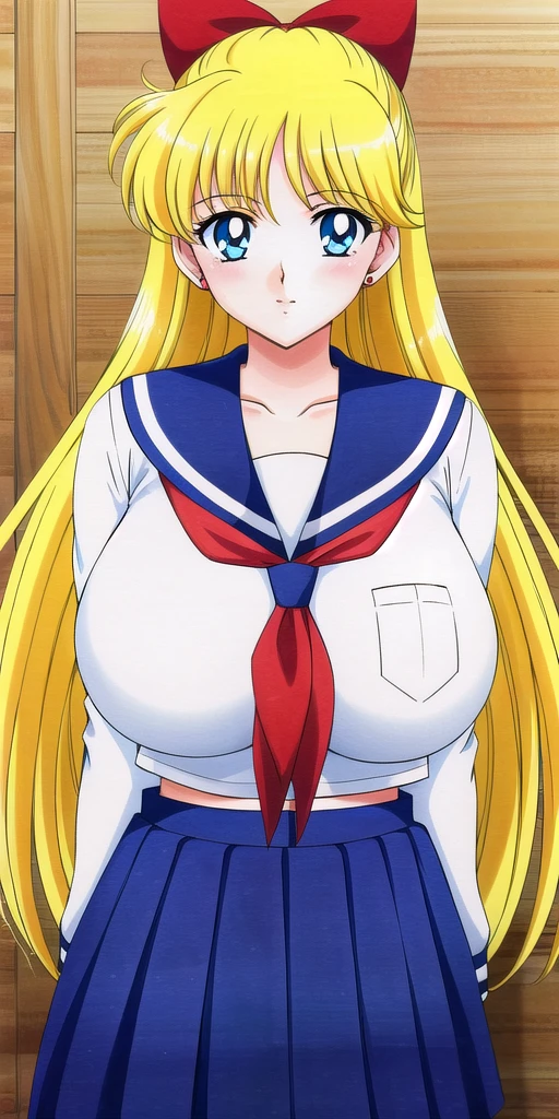 <lora:Aino_MinakoV3:0.7>, Aino_Minako, huge_breasts, standing, solo, Serafuku_School_uniform_White_shirt_Blue_sailor_collar_Red_neckerchief_Blue_plaid_skirt, masterpiece, best_quality, detailed_face, detailed_eyes, highres, beautiful, detailed, absurdres,