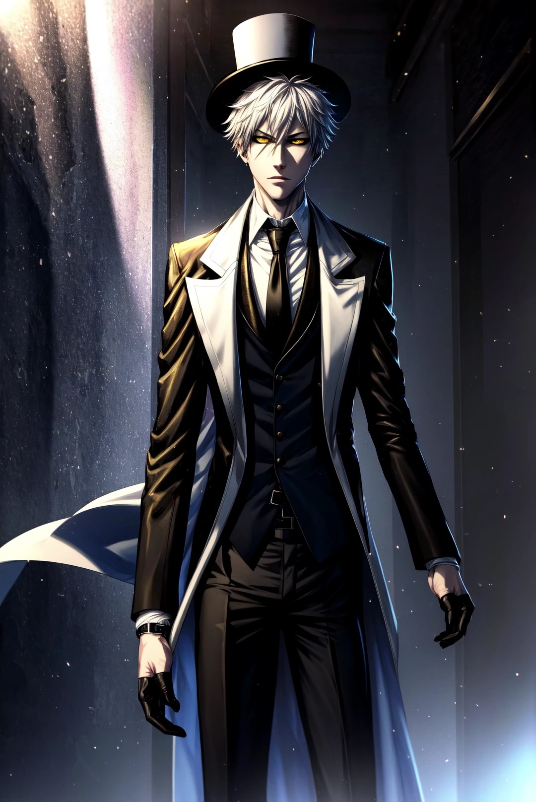 amazing, 4k, extremely detailed art, best quality, masterpiece, 1boy, male focus,
<lora:IkasorukOgihci:1>hollow, solo, short hair, white hair, yellow eyes, gloves, black sclera, hat, holding, full body, weapon, necktie, belt, sword, coat, shadow, watch, top hat, rapier,
<lora:Light and Shadow:1>, <lora:GoodHands-beta2:1>, <lora:more_details:1>