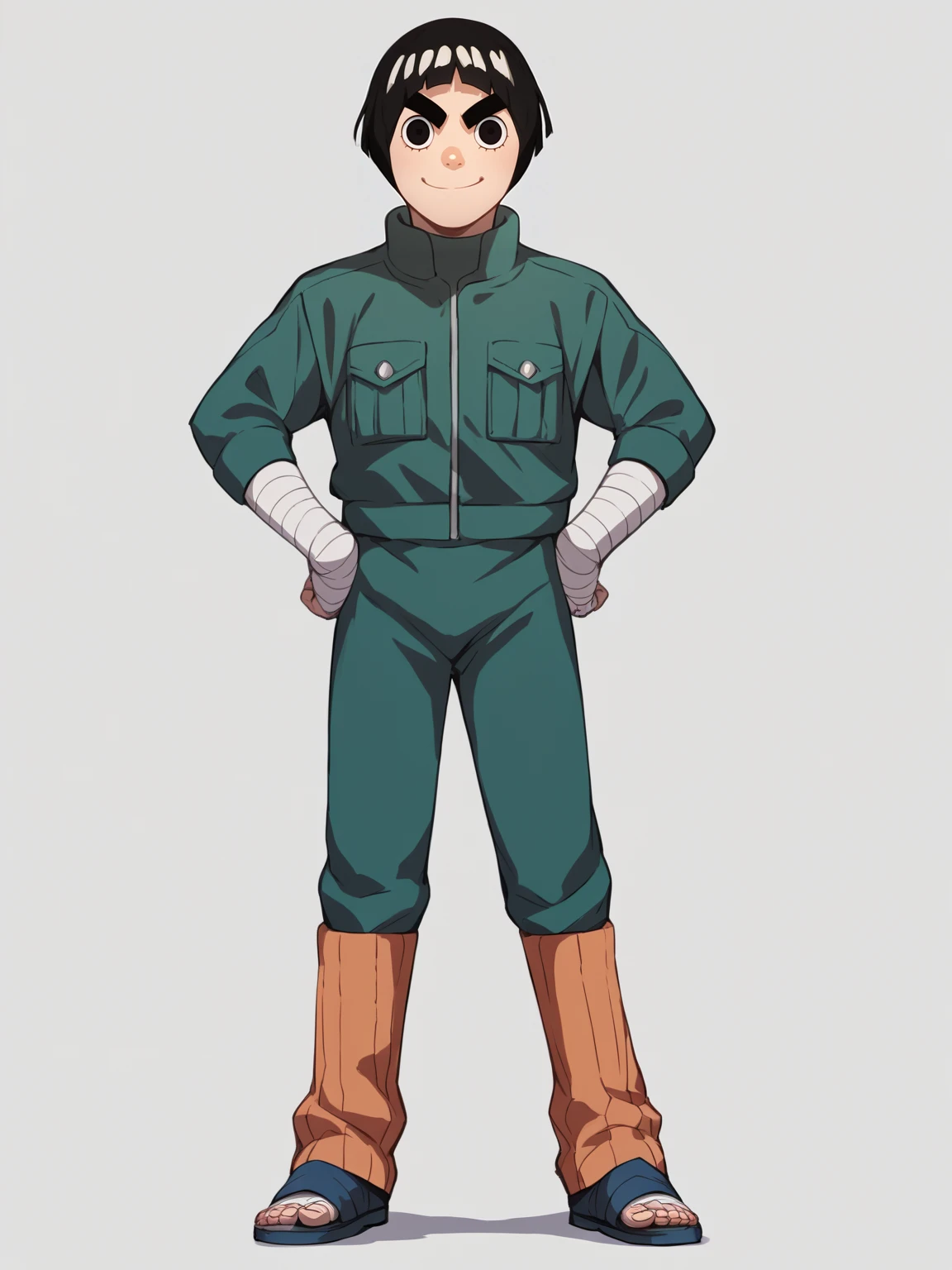 score_9, score_8_up, score_7_up, score_6_up, score_5_up, score_4_up, BREAK, source_anime,
1boy, rocklee, solo, black hair, bowl cut, short hair, black eyes, thick eyebrows, bodysuit, bandage, jacket, orange socks, sandals,
hands on hips, smile, standing, full body, looking at viewer, solo, simple background, white background
<lora:RockLeeXL:1>