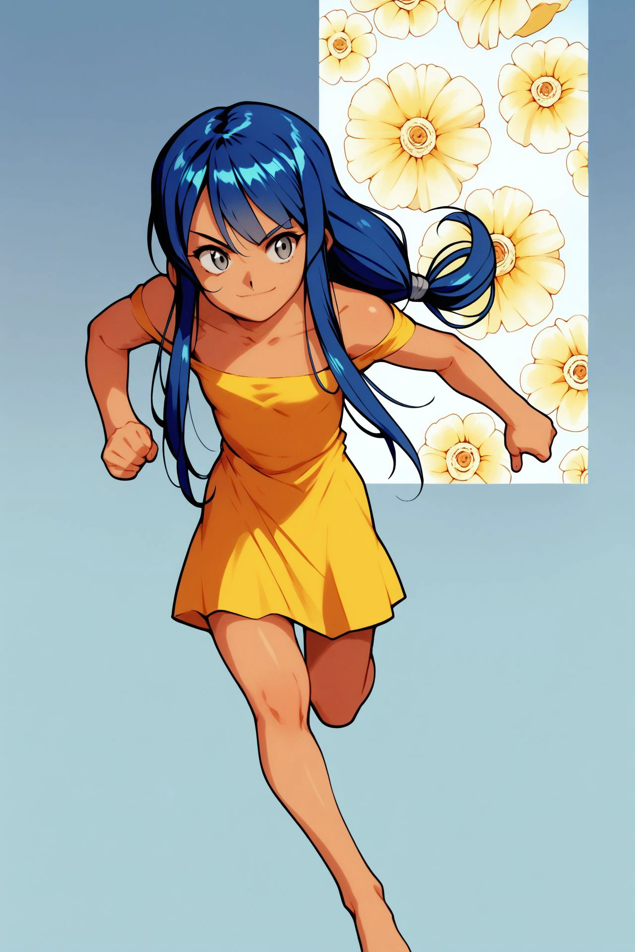 score_9, score_8_up, score_7_up, 1girl, slender female, brown skin, running, smug, blue hair, wispy bangs, low-tied long hair, dark grey eyes, flat chest, yellow off the shoulder dress, floral background, day <lora:fujishima_kousuke_PonyXL_style_v01:1>