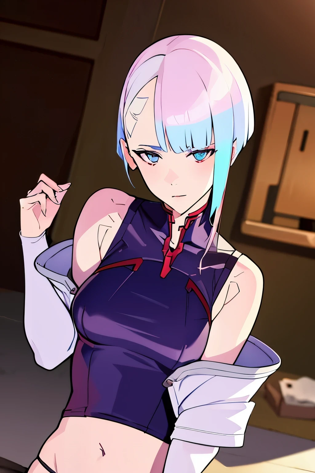 cyberpunk edgerunners, 1girl, lucy \(cyberpunk\), bare shoulders, blue eyes, breasts, leotard, looking at viewer, medium breasts, off-shoulder jacket, off shoulder, red eyeliner, short hair, sleeveless turtleneck leotard, solo, turtleneck leotard, white hair, ((masterpiece))