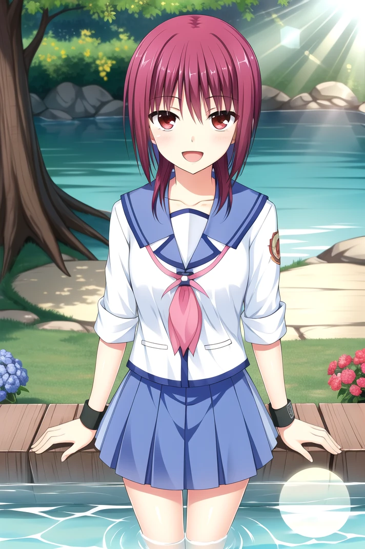 masterpiece, high quality, highres, 1girl, solo,
<lora:AngelBeats_Iwasawa-v1-07:0.6>, ChopioIwasawa, short hair, purple hair, red eyes, (looking at viewer:1.3),
mature female, medium breasts,
outfit_1, serafuku, blue sailor collar, white shirt, pink neckerchief, sleeves rolled up, wristband, blue skirt, pleated skirt,
nature, outdoors, pond, soaking feet, partially submerged, sunny, sunlight, light rays, lens flare, (depth of field:1.3), bokeh,
happy, open mouth, smile, standing,