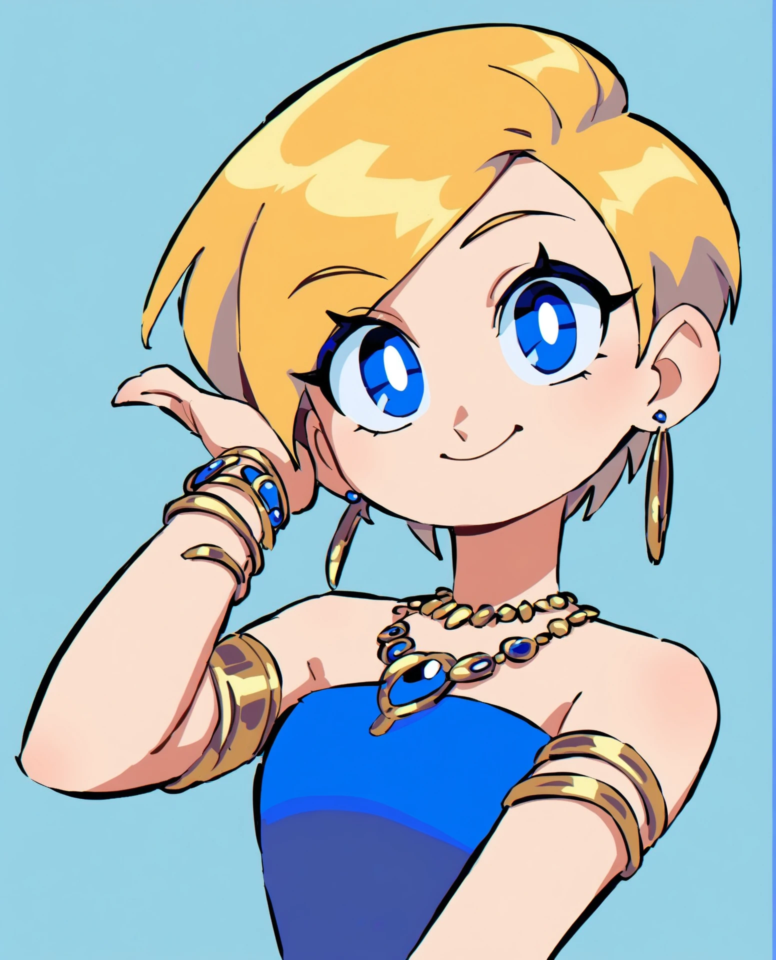 1girl, solo, jewelry, blonde hair, dress, earrings, blue eyes, short hair, white pupils, blue dress, bracelet, smile, simple background, necklace, <lora:qqqewie:1>