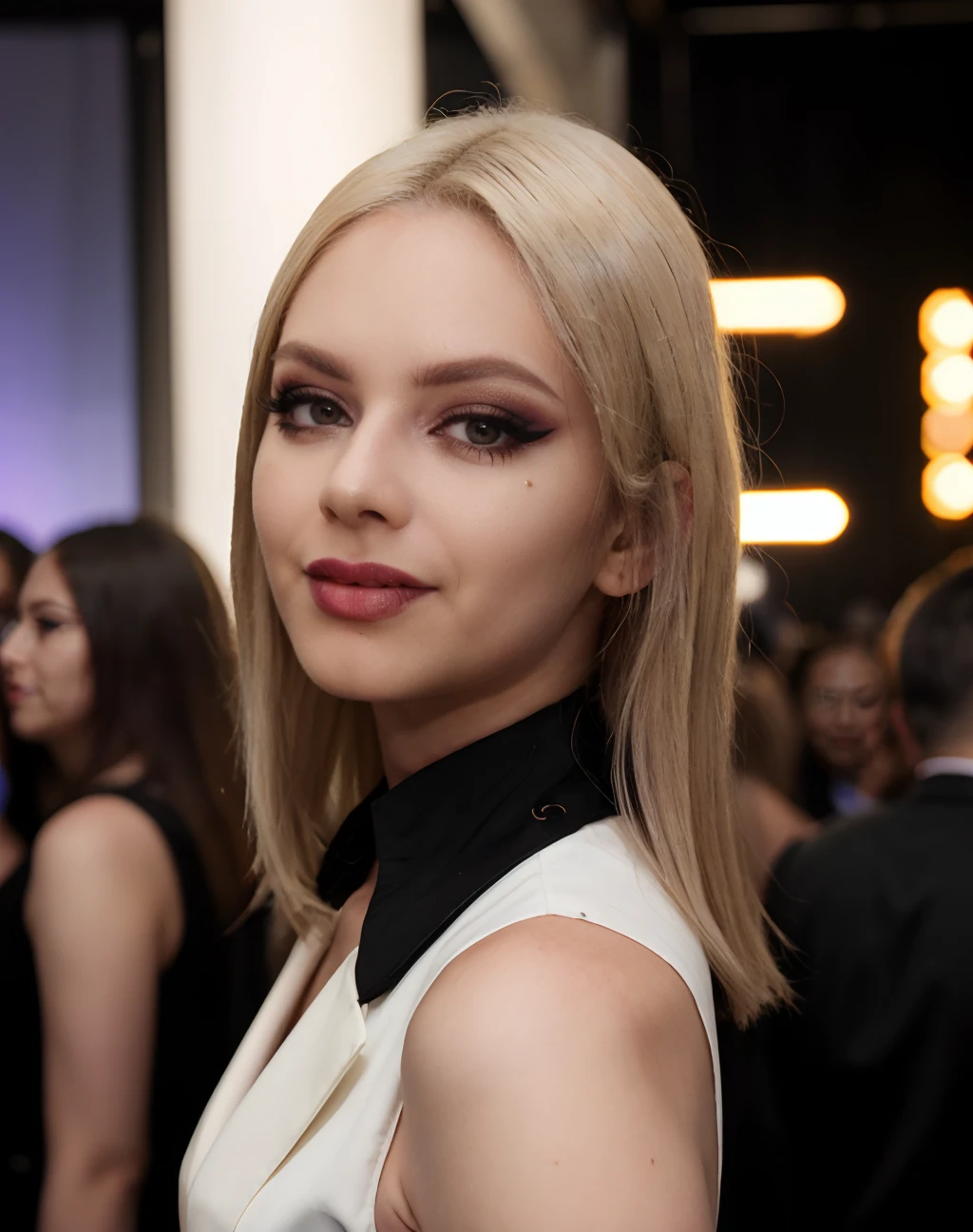 ultrarealistic high quality fullbody photo of a beautiful busty natural european 25-year-old woman with cute hyperdetailed shy face and shoulder length platin-blonde hair with undercut and ponytail and long legs, seductive smile, realistic round eyes, red lipgloss, decent makeup with eyeliner, wearing metallic silver padded jacket with shiny grey croptop and low waist black faux leather pants, hourglass body, outdoor low angle photography, red carpet movie premiere, hollywood starlet surrounded by fans