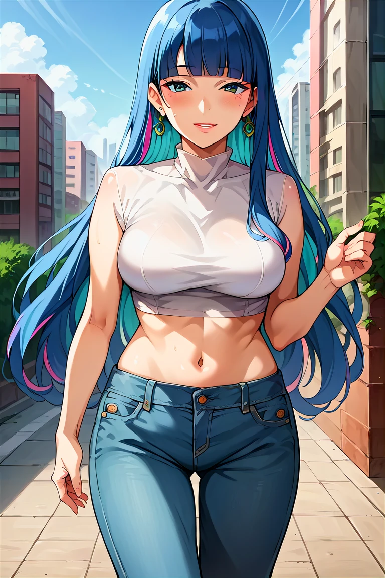 score_9, score_8_up, score_7_up, score_6_up, score_5_up, score_4_up, rating_questionable, , source_anime, digital illustration, pixiv, fanbox, uncensored, , BREAK, official art,
1girl, solo, mature female, eida, blue hair, blunt bangs, colored colored inner hair, long hair, earrings, long sidelocks,
crop top, navel, jeans, groin, city, buildings, outdoors, light smile, blush, cowboy shot, looking at viewer, colorful, vivid   <lora:Eida_Pony-10:0.8>