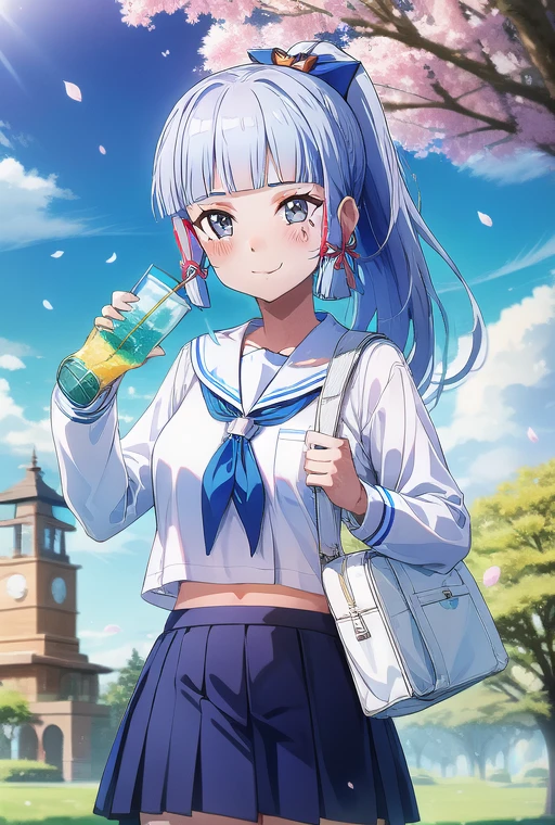 <lora:SAO Style:1> <lora:MasterpiaceSTYLEv3:1> kamisato ayaka, 1girl, skirt, school uniform, solo, serafuku, bag, holding, pleated skirt, smile, ponytail, blue eyes, long hair, cherry blossoms, blue skirt, sailor collar, shirt, long sleeves, looking at viewer, outdoors, school bag, sky, holding drink, bangs, white shirt, cup, thighs, holding cup, white hair, bow, drinking straw, blue sky, mole, neckerchief, mole under eye, blush, sidelocks, blunt bangs, white sailor collar, drink, tree, hair ribbon, ribbon, hair bow, ice, alternate costume, closed mouth, breasts, cowboy shot, petals, day, tress ribbon, cloud, blue bow, falling petals, wind, midriff peek, vision (genshin impact), ice cube, blue neckerchief, medium breasts