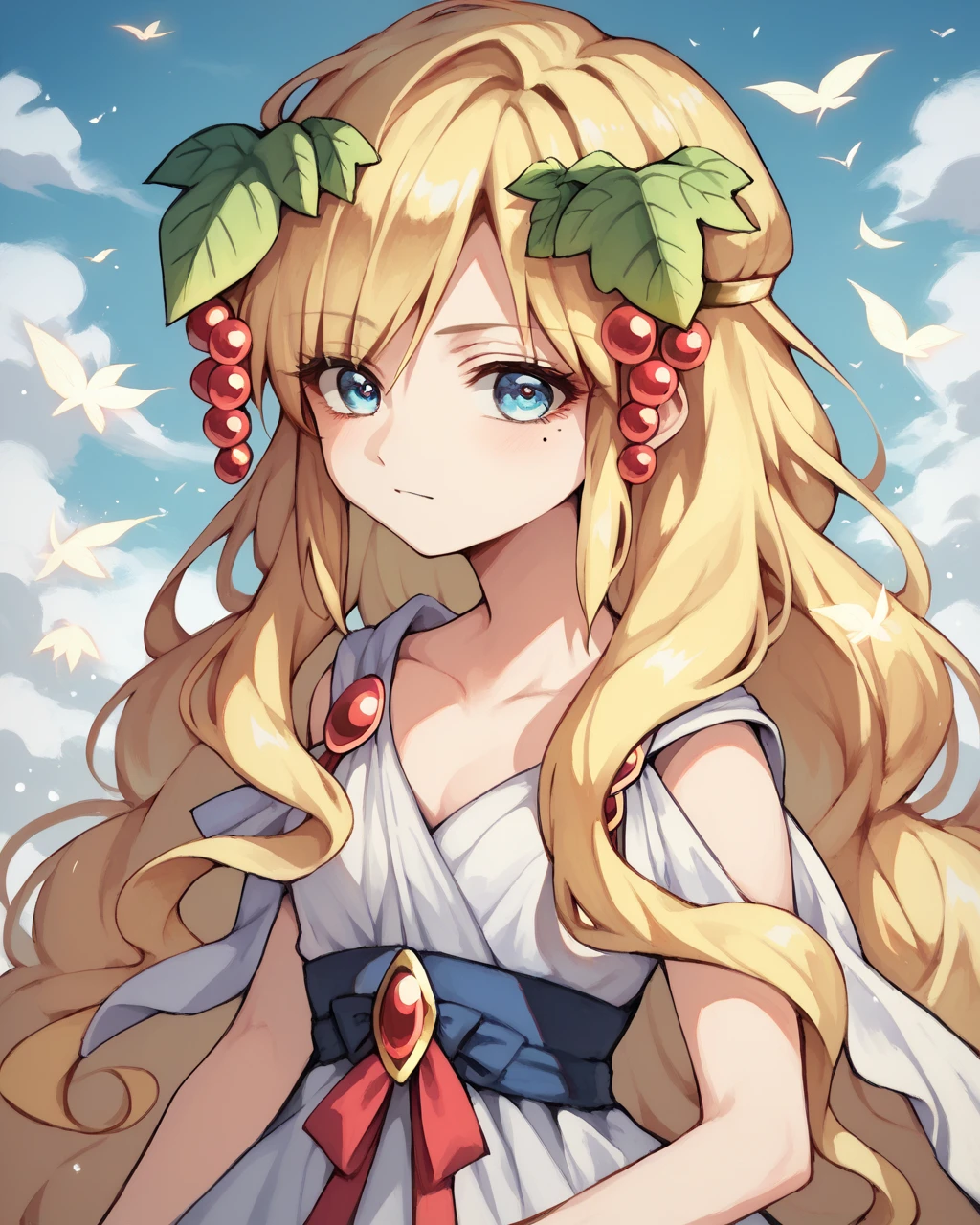 score_9, score_8_up, score_7_up,
<lora:Scheherazade_PONY:0.8>,scheherazade, 1girl, solo,blue eyes,long hair, blonde hair, hair ornament, grapes, leaf, dress, food-themed hair ornament, mole under eye,parody, anime coloring,