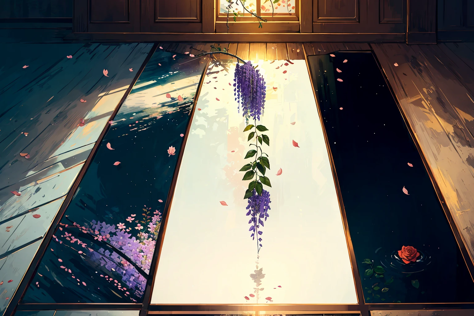 scenery, no humans, stars, nebula, roses, wisteria, leaf, falling petals, floral work, simplicity, light from up, whitework, reflecting floor, garden, traditional textures, ambient lighting