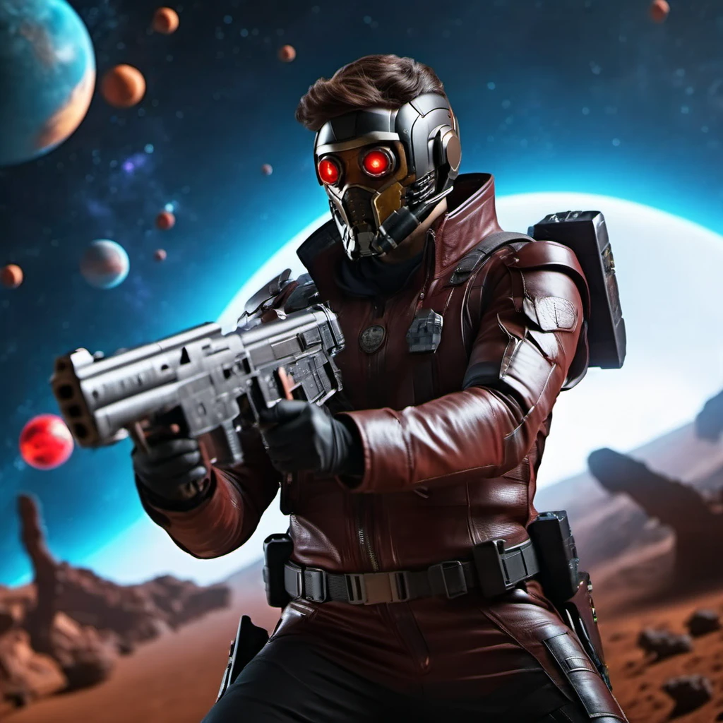cinematic photo a man, full body with a mask aims spaceguns, planet mars background <lora:Starlord1024:0.7> . 35mm photograph, film, bokeh, professional, 4k, highly detailed