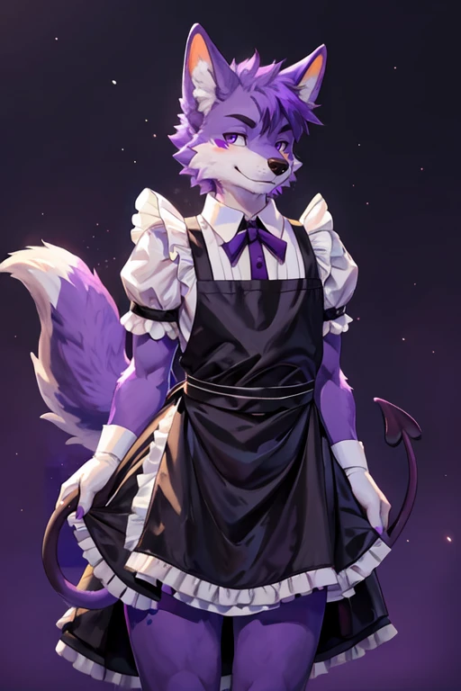 (masterpiece, highest quality, 16k, high quality, best quality:1.3, highres, digital painting \(artwork\), furry, uploaded_on_e621:1.4, detailed background, amazing background, light particles), ((kemono)), <lora:GoodHands-beta2:1>
rygel (rygel spkb), anthro, apron, blush, clothed, clothing, crossdressing, dress, girly, looking at viewer, maid uniform, male, narrowed eyes, purple background, ranged weapon, simple background, solo, spade tail, standing, tail, uniform, ((purple body, purple fur)), smirk, demon, hybrid, canid, canine