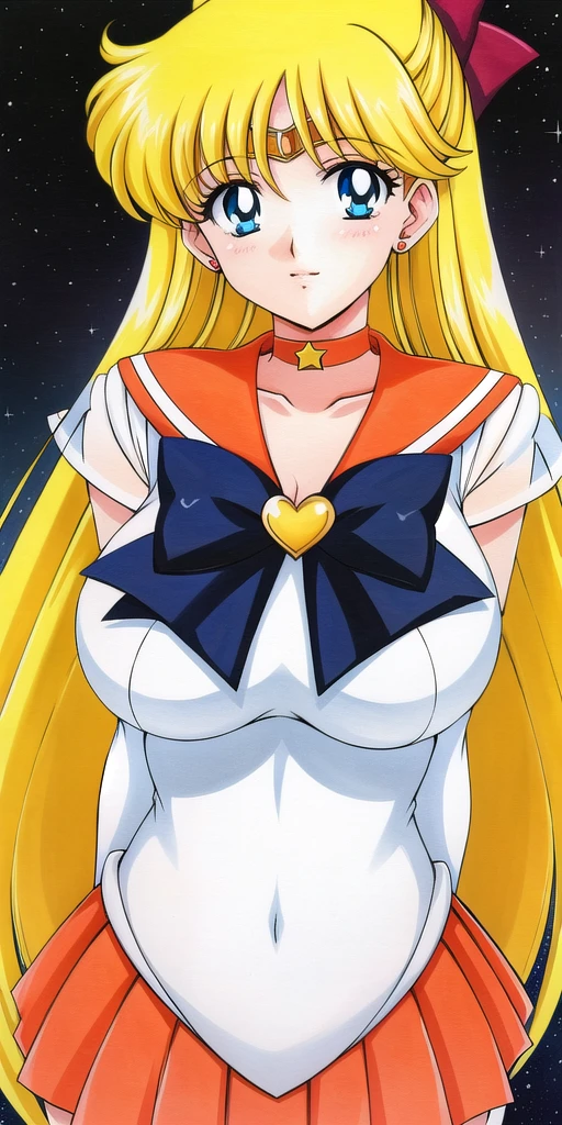 <lora:Aino_MinakoV4:0.7>, Aino_Minako, huge_breasts, arms_behind_back, standing, solo, White_leotard_Orange_sailor_collar_Orange_miniskirt_White_gloves_Star_choker_Blue_bowtie_Yellow_back_bow_Circlet_Heart_brooch_See-through_sleeves, masterpiece, best_quality, detailed_face, detailed_eyes, highres, beautiful, detailed, absurdres,