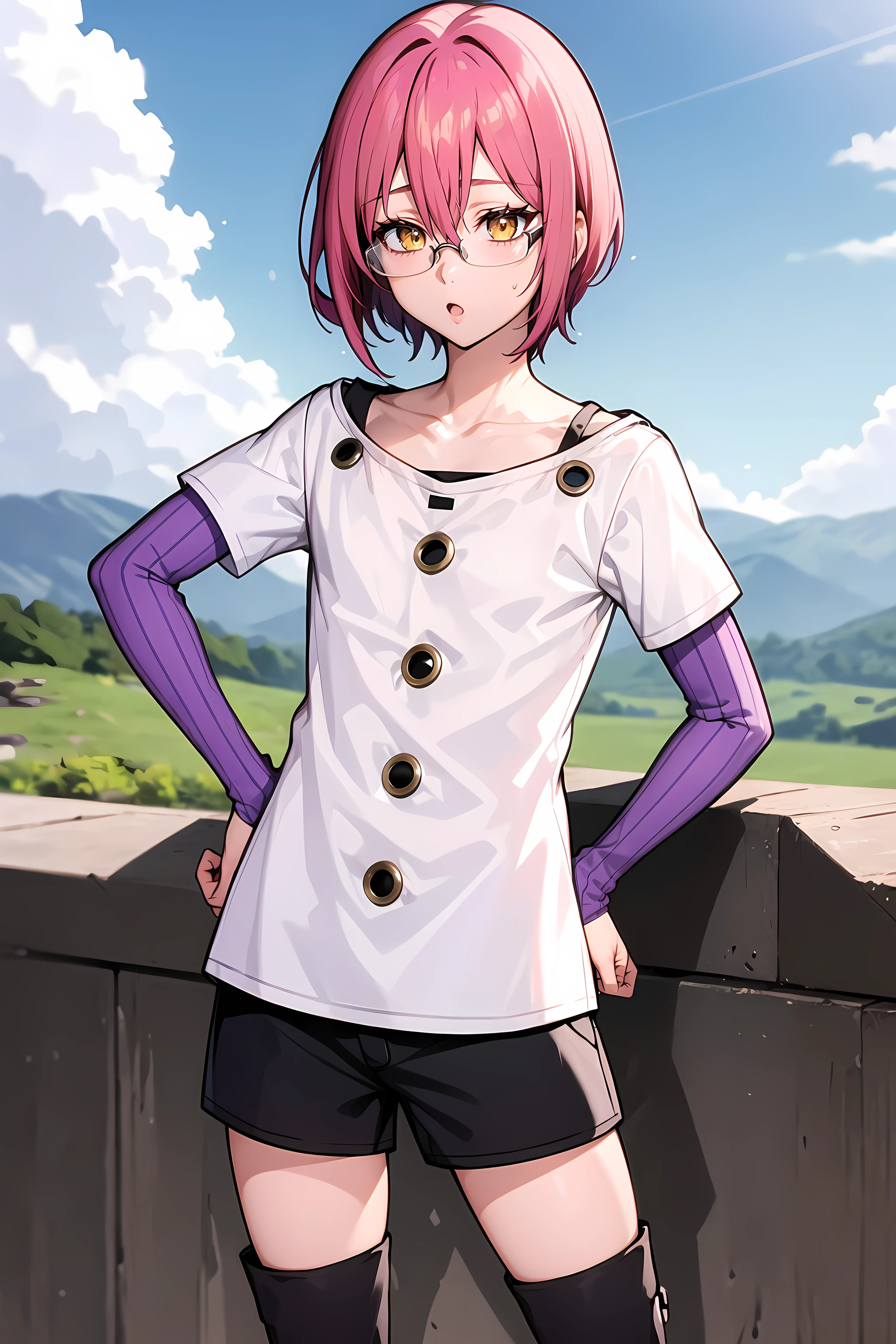 masterpiece, best quality, Gowther,gowcos,(1boy:1.2),solo,sexy,femboy,otoko no ko,glasses,yellow eyes, (white shirt),(leg above head),hands on hips,black boots,standing,pink hair,detailed eyes,head room,(microshorts),black shorts,:o,hair between eyes,((purple sleeves,stripeeed sleeves)),long sleeves,,short hair, collarbone,under-rim eyewear,2 buttons,outdoors,beautiful scenery. blue sky,<lora:Gowther:0.5>