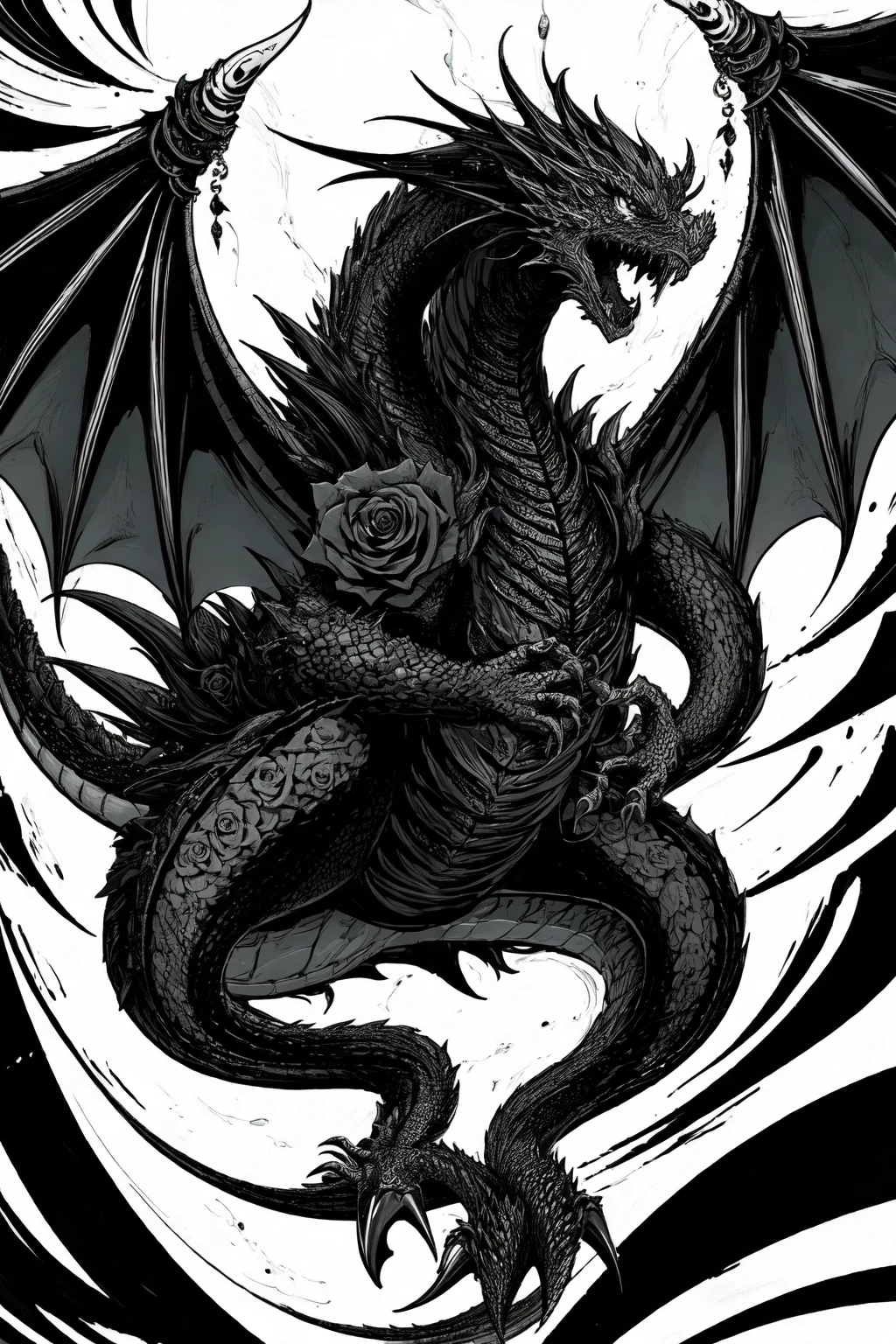 gorgeous and stylish monochrome, eye coloring,strong color contrast, Extremely detailed 16k cg wallpaper,colorful,
1 dragon made of black roses,
<lora:blackrosefrompixai1:0.3> blackrose,madebyblackrose,blackrosetheme,made by black rose