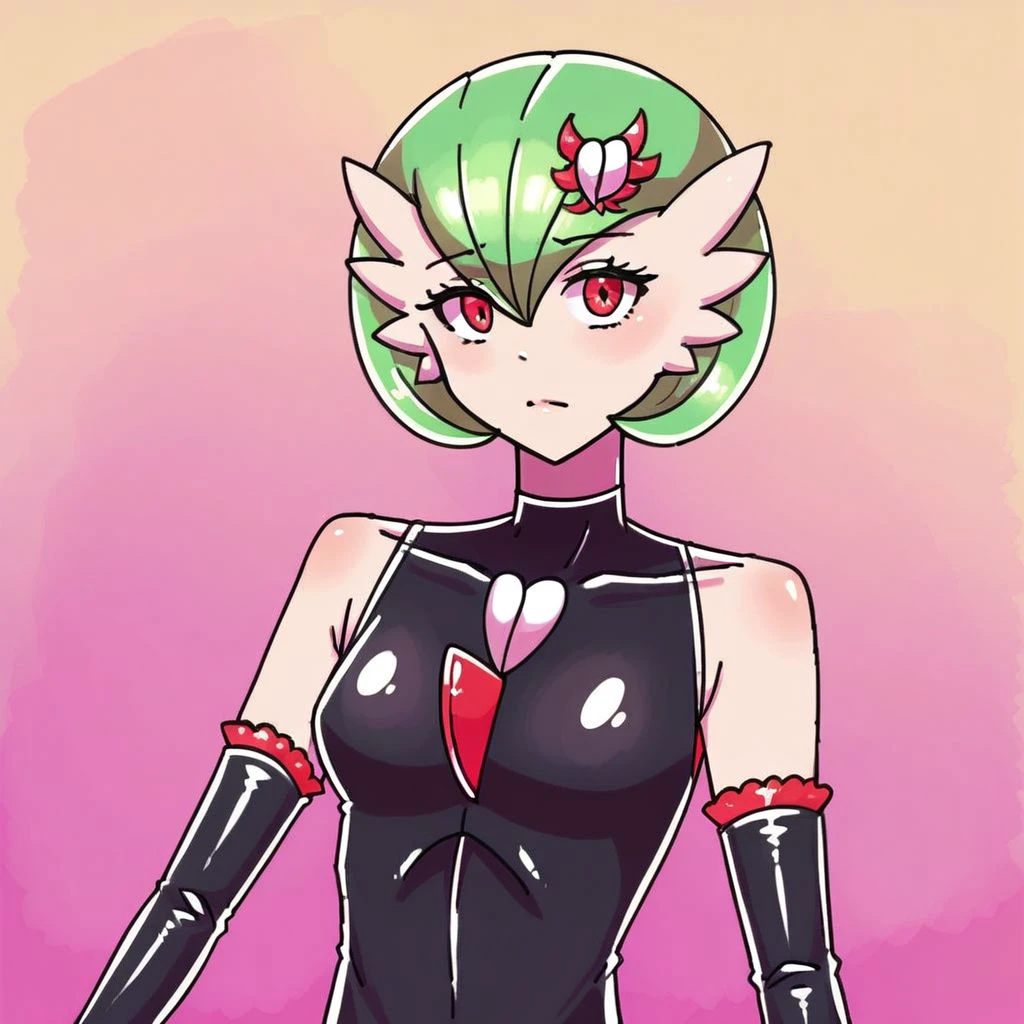 Solo, portrait, sleeveless, black shirt, brooch, hair ornament, idol, idol clothes, dark persona, corruption, realistic, gloves, elbow gloves, gardevoir