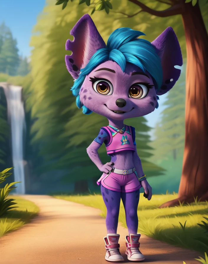  <lora:LenaHuenaCartoonYif:0.8>    LenaHuenaCartoon,     solo,   looking at viewer,   blue hair, purple fur, hyena, gray eyes, pink tank top, pink shorts, pink sneakers,
(beautiful, aesthetic, perfect, delicate, intricate, masterpiece, )  textured fur, [The sun is shining, nature, forest, river, trees, grass, road, sky with clouds,]  chibi
[by personalami], by smitty g, [[[by Foxovh]]], [[by Ross Tran]]  
