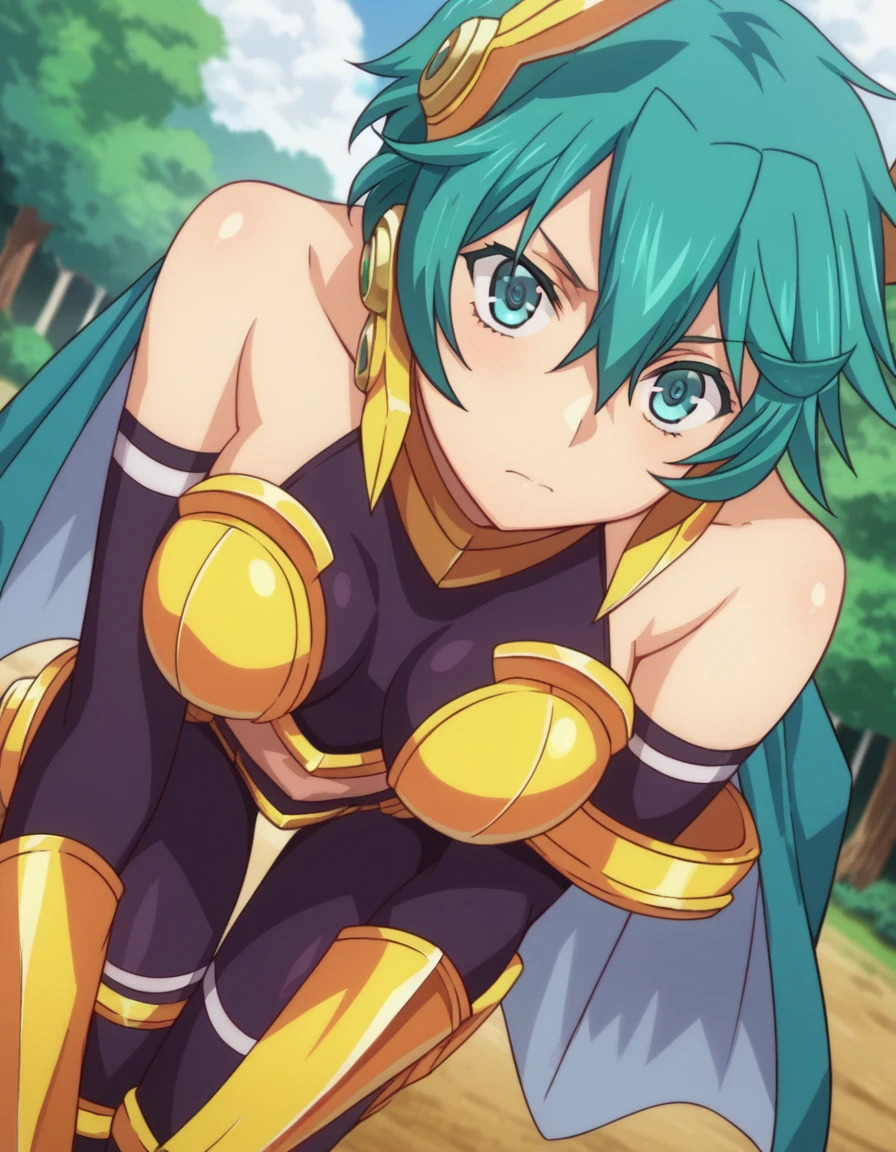 score_9, score_8_up, score_7_up, source_anime,
yulangmirage, <lora:yulang-mirage-ponyxl-lora-nochekaiser:1>
yulang mirage, short hair, aqua eyes, aqua hair, hair between eyes,
gloves, bare shoulders, elbow gloves, fingerless gloves, cape, armor, headgear, gold armor,
outdoors, forest, bent over,
looking at viewer, dutch angle, cowboy shot