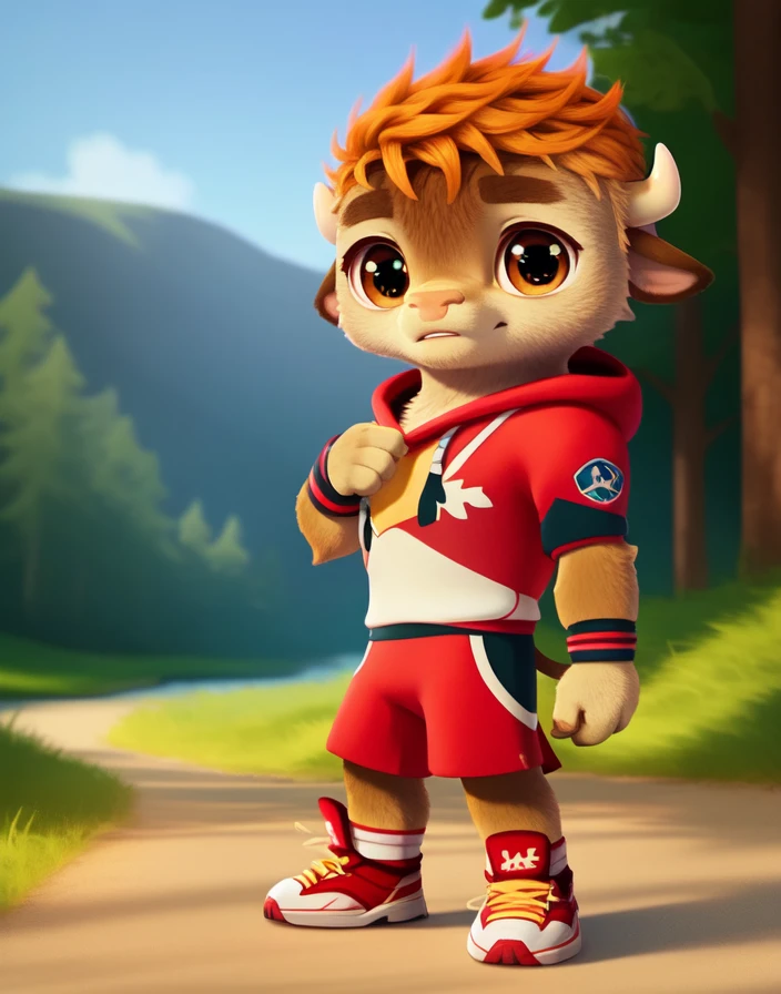 <lora:RonBisonCartoonYif:0.9>    RonBisonCartoon,    red hair, brown eyes, red sports sweatshirt, black and red fitness bracelet, red sneakers with white soles,
 solo,   looking at viewer, fighting stance
(beautiful, aesthetic, perfect, delicate, intricate, masterpiece, )  textured fur, [The sun is shining, nature, forest, river, trees, grass, road, sky with clouds,]  
by asnnonaka, by reysi, by ikiki  by silverfox5213,