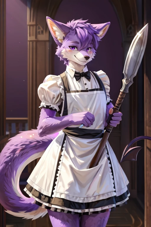 (masterpiece, highest quality, 16k, high quality, best quality:1.3, highres, digital painting \(artwork\), furry, uploaded_on_e621:1.4, detailed background, amazing background, light particles), ((kemono)), <lora:GoodHands-beta2:1>
rygel (rygel spkb), anthro, apron, blush, clothed, clothing, crossdressing, dress, girly, looking at viewer, maid uniform, male, narrowed eyes, purple background, ranged weapon, simple background, solo, spade tail, standing, tail, uniform, weapon, ((purple body, purple fur)), smirk, demon, hybrid, canid, canine,