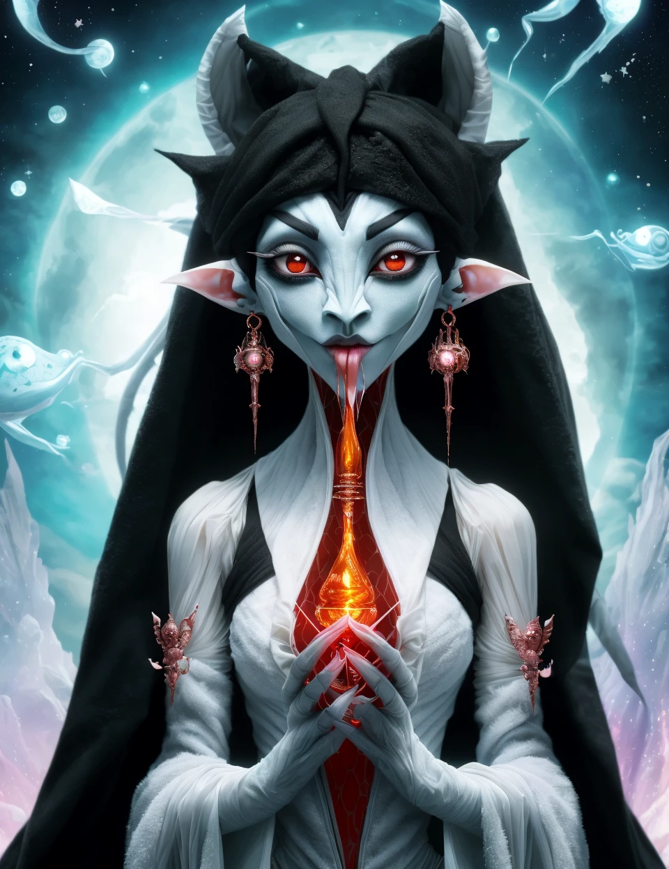 DonMT0w31 towel, female ramanga, creature from Madagascar, consumes blood and nails, living servants of royalty, associated with taboo and fear, enigmatic, fearsome, youth, hourglass, east asian, honey eyes, elongated ears, shapely neck, , copper fringe haircut hair, disgust, astral projection, leaning backward, projecting consciousness, wizard, levitation and floating , experimenting with potions and elixirs, seeking new magical brews, enchanted moonlight, <lora:DonMT0w31:0.8>