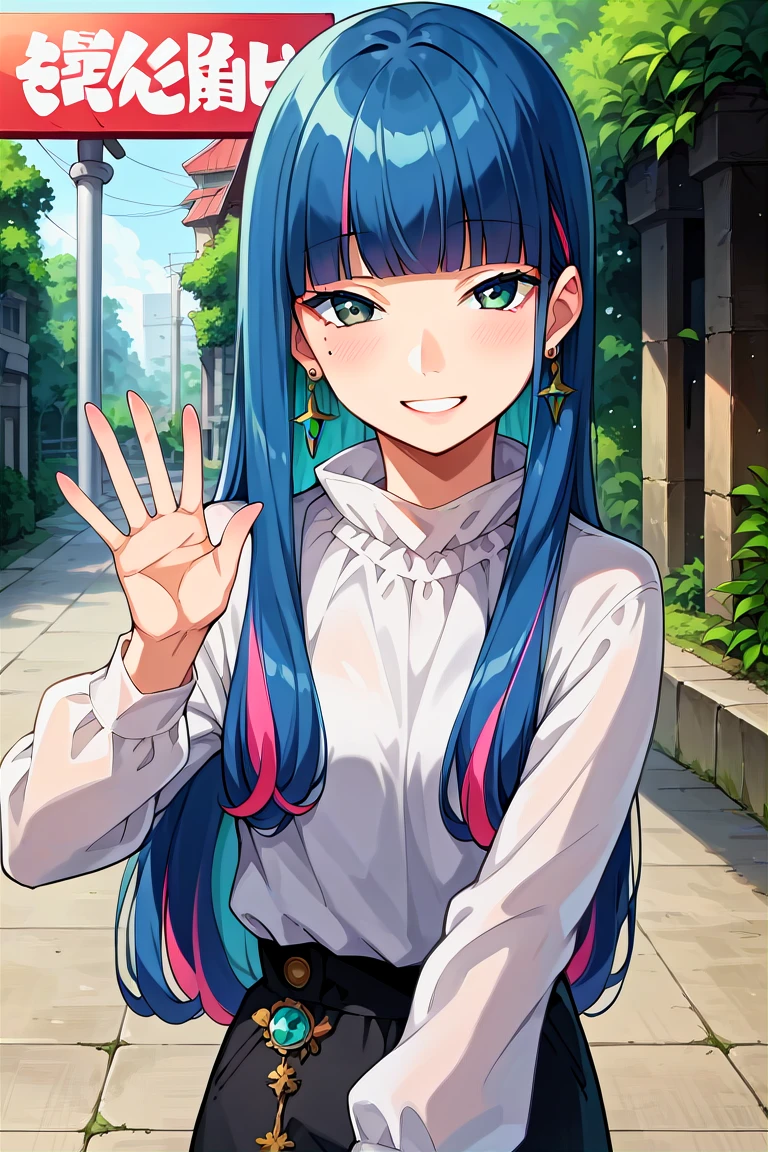 score_9, score_8_up, score_7_up, score_6_up, score_5_up, score_4_up, rating_questionable, , source_anime, digital illustration, pixiv, fanbox, uncensored, , BREAK, official art,
1girl, solo, female, eida, blue hair, blunt bangs, colored colored inner hair, long hair, earrings, long sidelocks,
white shirt, long sleeves, jewelry, upper body, waving, outdoors, light smile, blush, cowboy shot, looking at viewer, colorful, vivid <lora:Eida_Pony-10:0.8>