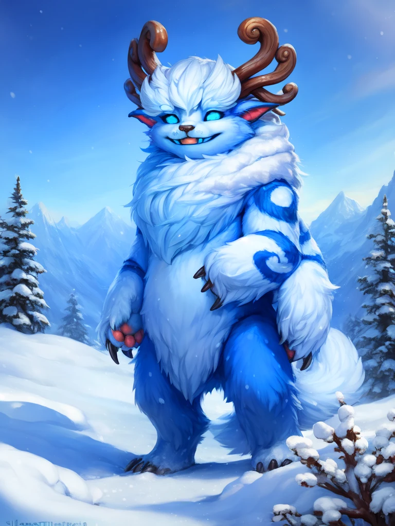 <lora:WillumpGameNunuSongYif:1> WillumpGameNunuSong, blue glowing eyes, blue teeth, horns, four arms, tail, bed blue fur, fur patterns, black claws, pointed ears,
solo, looking at viewer,
(beautiful, aesthetic, perfect, delicate, intricate, masterpiece, ) textured fur, [Winter, snow, nature, mountains and sky with clouds, snow mountains, clear day, pine forest,]
[by kenket|by totesfleisch8], by thebigslick:by silverfox5213:0.8], [by syuro, by paloma-paloma::0.2, (Tricksta, TotesFleisch8