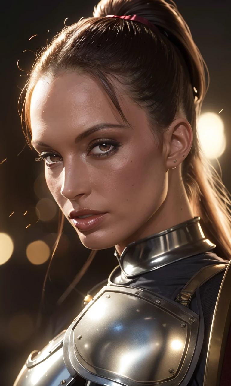 nikkinova2024, photo of 1girl dressed knight, armor, ponytail, pov, photorealistic, 8k, uhd, masterpiece, detailed skin, skin pores, intricate, depth of field, full body, raw image, cinematic lighting, focus on face, long hair, focus on eyes,