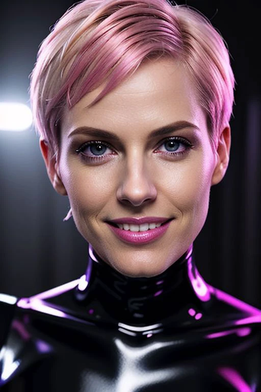 portrait, A realistic professional RAW headshot of a dominant woman in her mid twenties, slightly rounded face, small breasts, flat chested, soft pink hair, shaved pixie cut, messy hair, looking at camera, genuine wide smile, teeth, black latex catsuit, adult dungeon, indoors, bisexual lighting, natural realistic grey eyes, perfecteyes eyes, bisexual lighting, shot on iphone