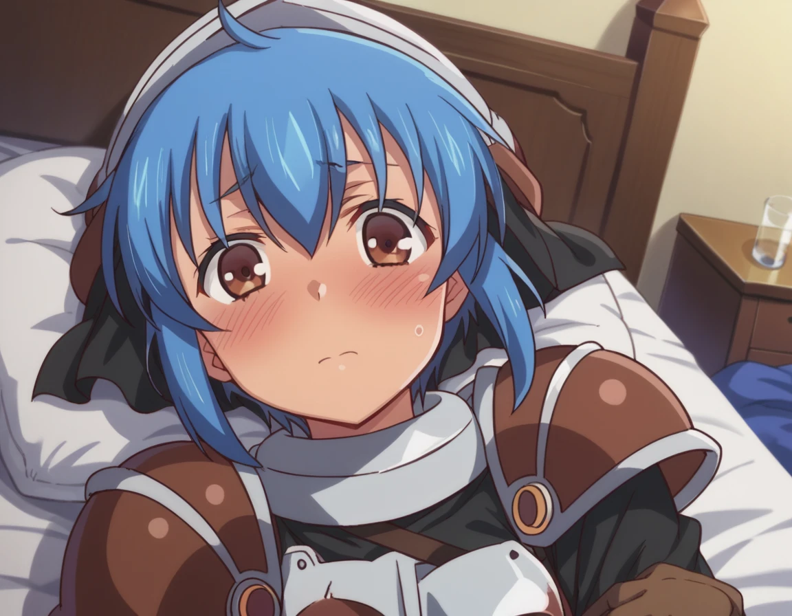 score_9, score_8_up, score_7_up, source_anime,
menadshisei, <lora:menad-shisei-ponyxl-lora-nochekaiser:1>
menad shisei, short hair, brown eyes, blue hair,
gloves, armor, shoulder armor, brown gloves, pauldrons, breastplate,
indoors, bed, bed room, on side, blush, drunk,
looking at viewer, dutch angle, cowboy shot