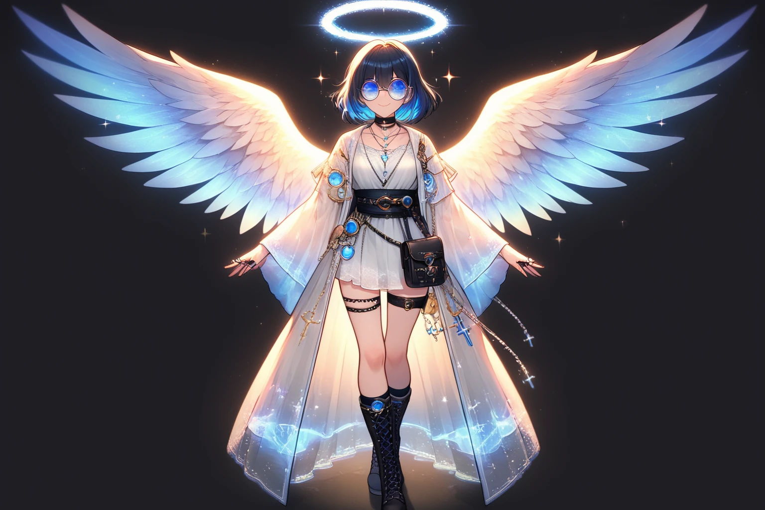 score_9, score_8_up, score_7_up,
AngelStyle, 1girl, solo, looking at viewer, smile, short hair, bangs, blue eyes, simple background, black hair, long sleeves, dress, jewelry, closed mouth, blue hair, standing, collarbone, full body, multicolored hair, boots, open clothes, glasses, choker, socks, wide sleeves, necklace, bag, black footwear, white dress, see-through, sash, sparkle, thigh strap, glowing, black choker, sunglasses, ring, black background, black socks, cross-laced footwear, blue footwear, pouch, glint, round eyewear, angel, lace-up boots, tinted eyewear, straight-on, multiple rings, blue-tinted eyewear,
<lora:AngelStyle:0.5>, <lora:add-detail-xl:0.8>