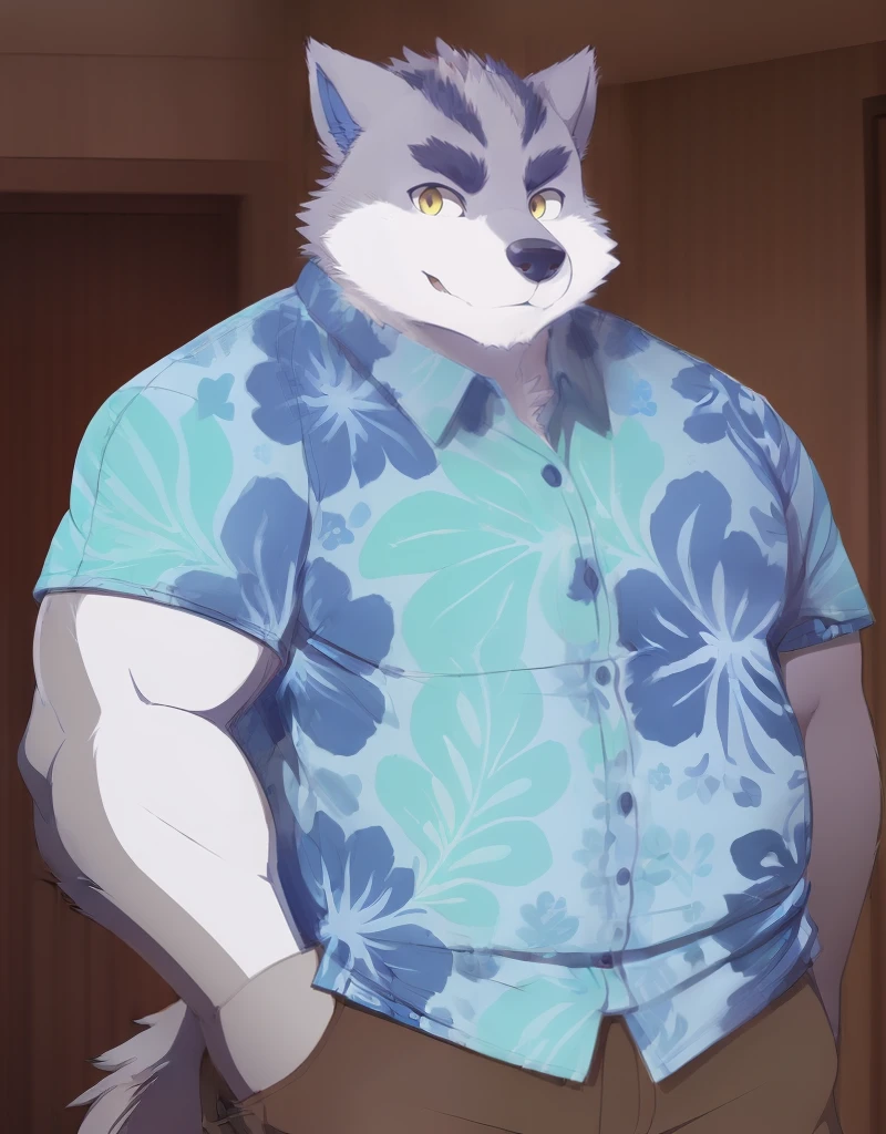 (((detailed eyes, detailed face))), (furry, arashi <lora:character_arashi_findigo_v1:0.8>, two-tone fur, grey fur, dog boy, snout, yellow eyes:1.8), male, (solo), (plump, fat, chubby, overweight), (blue hawaiian shirt, brown pants), standing, (arms behind back), smile, (front view) BREAK (konzaburou, ukan_muri, cute), bedroom, (flat shading, high brightness), 8k, UHD, masterpiece, (full body)