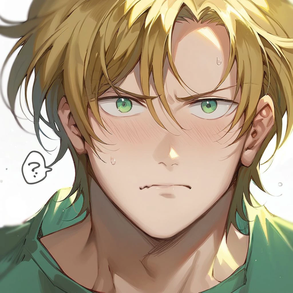 score_9, score_8_up, score_7_up, ash lynx, 1boy, solo, 1boy, blonde hair, green eyes, (white t-shirt:1.0), short sleeves, close-up portrait, looking at viewer, embarassed, nori