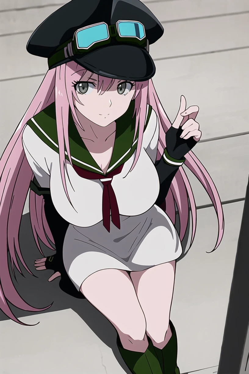 best quality,masterpiece,looking at viewer,absurdres,1girl,
depth of field,simca,grey eyes,pink hair,long hair,breasts,<lora:011-é£è½®å°å¹´-å¸å§å¡V1-000010:0.7>,hat,goggles,sailor dress,fingerless gloves,goggles on headwear,boots,