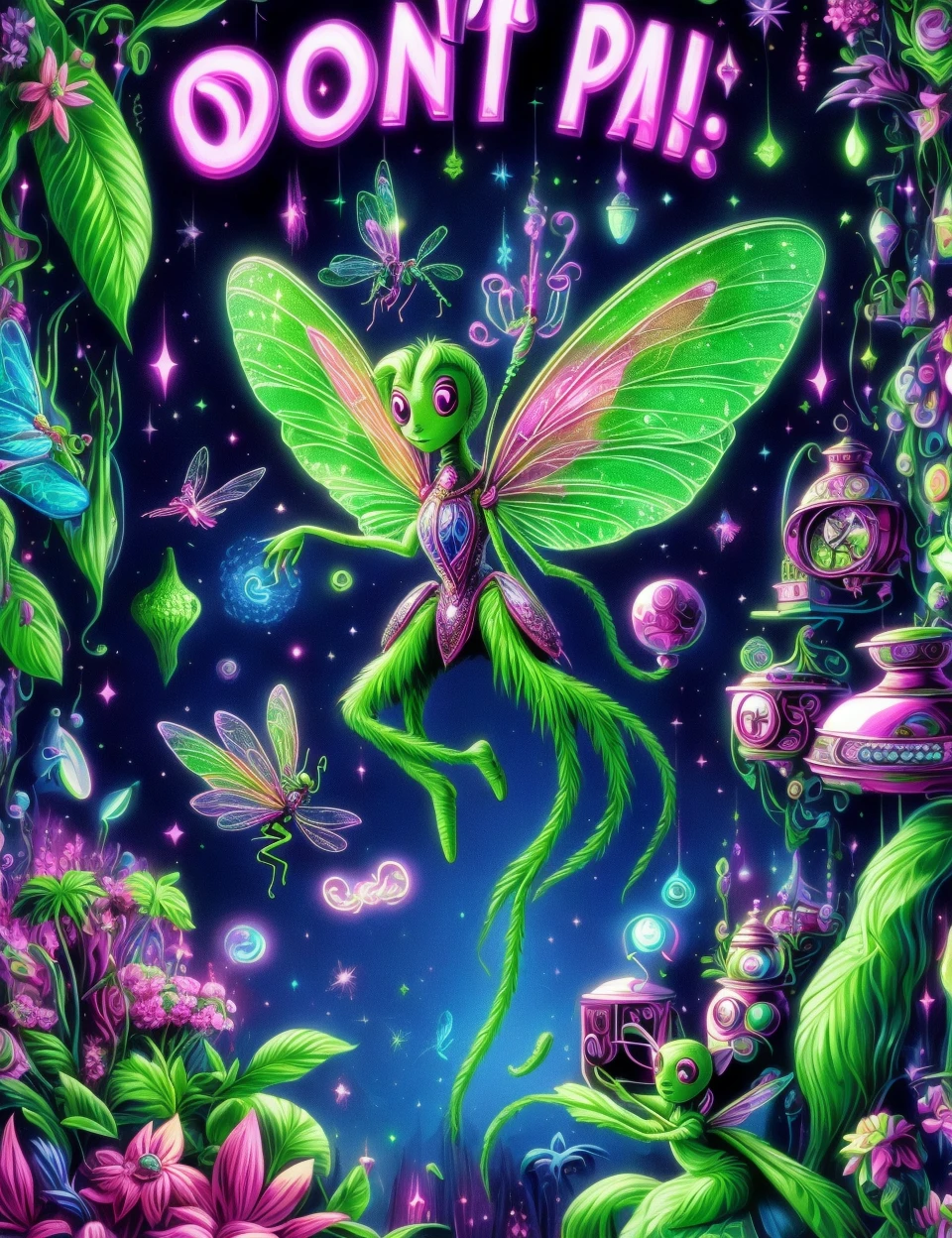 DonMD0n7P4n1c, text "DON'T PANIC!",  aziza, Benevolent fairy-like being, small and elusive, helpful,  forests and nature, wisdom, magical abilities, dragonfly wings,, symbolize harmony with nature, open kitchen,music and dance,eerie,vaporizing ,    <lora:DonMD0n7P4n1c:1>