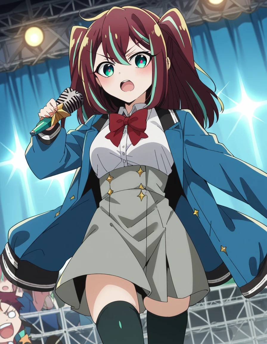 score_9, score_8_up, score_7_up, source_anime,
matamaakoya, <lora:matama-akoya-ponyxl-lora-nochekaiser:1>
matama akoya, long hair, brown hair, green eyes, multicolored hair, aqua eyes, two side up, streaked hair,
skirt, shirt, thighhighs, bow, school uniform, jacket, white shirt, black thighhighs, bowtie, red bow, zettai ryouiki, buttons, blue jacket, red bowtie, grey skirt, high-waist skirt,
indoors, stage, stage lights, concert, audience, singing, microphone, holding microphone, open mouth,
looking at viewer, dutch angle, cowboy shot