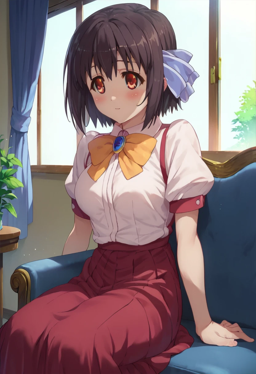 1girl in,Sitting,chair,classroom,,Looking at Viewer,Tomomi_Xijing, bow ribbon, Short hair, ,red uniform,Winter clothes,Long sleeves,skirt,((tucking up a skirt)),(Skirt lift),(up skirt),((light pink Panties)),(spread legs),Perfect Lighting,Best Quality,,Smile,blush,anime screen cap,Flat color,cel shading,short torso,Show off panties,pantyshot,