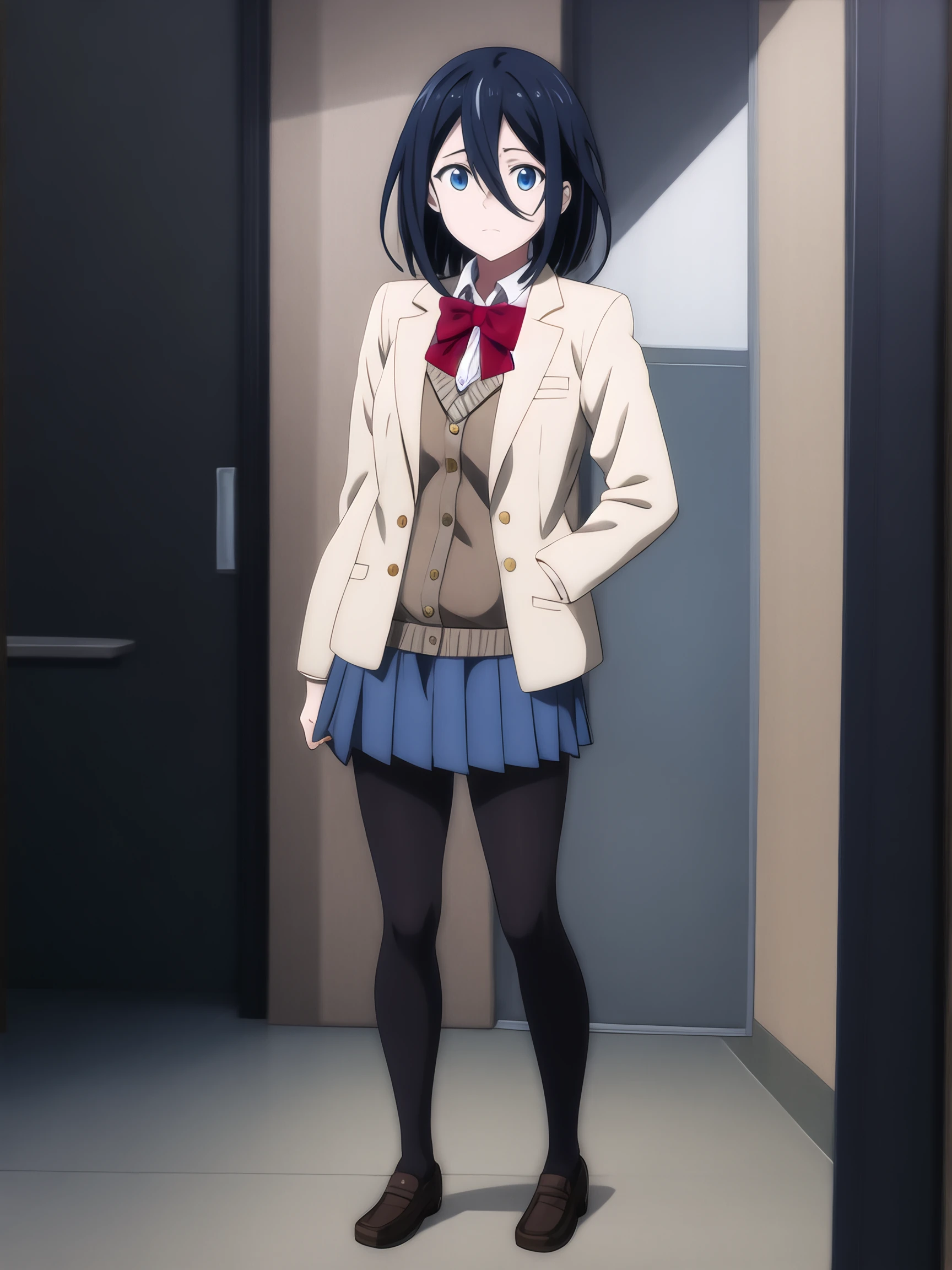 anime screencap, a character portrait, a woman in a school uniform standing, scenery of school, indoors background, (1girl:0.998), (bangs:0.502), (black footwear:0.104), (black hair:0.768), (black legwear:0.890), (blazer:0.451), (blue eyes:0.849), (blue skirt:0.720), (blush:0.134), (bow:0.947), (bowtie:0.678), (brown footwear:0.742), (buttons:0.162), (cardigan:0.744), (closed mouth:0.606), (collared shirt:0.580), (diagonal stripes:0.175), (door:0.539), (dress shirt:0.337), (expressionless:0.155), (eyebrows visible through hair:0.203), (full body:0.674), (hair between eyes:0.962), (hand in pocket:0.416), (hand on hip:0.131), (hands in pockets:0.198), (indoors:0.452), (jacket:0.891), (loafers:0.897), (long sleeves:0.577), (looking at viewer:0.745), (medium hair:0.165), (miniskirt:0.313), (open clothes:0.522), (open jacket:0.579), (pantyhose:0.986), (pleated skirt:0.844), (red bow:0.575), (red bowtie:0.125), (school uniform:0.939), (shirt:0.740), (shoes:0.886), (short hair:0.613), (skirt:0.952), (smile:0.114), (solo:0.953), (stairs:0.122), (standing:0.744), (striped:0.471), (striped bow:0.451), (striped bowtie:0.286), (sweater vest:0.608), (vest:0.287), (white jacket:0.207), (white shirt:0.400), (wing collar:0.175), masterpiece, best quality, high quality, best details, deep skin, skindentation, bright front face, expressive face detail, expressive face expressions, eye focus