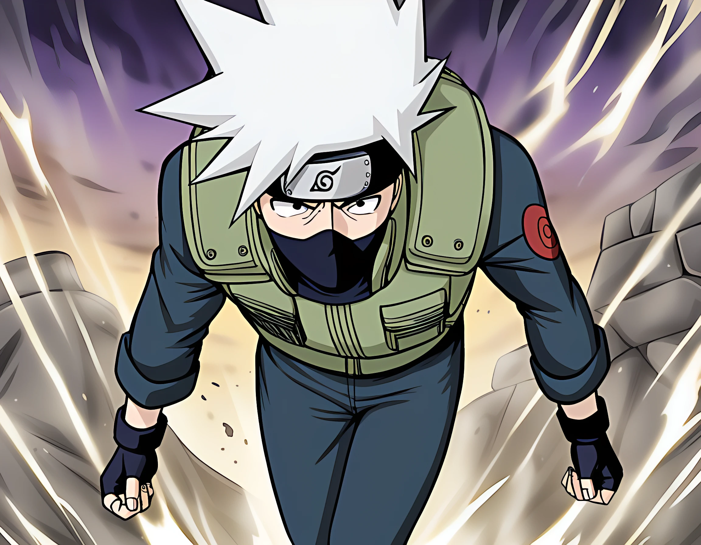 masterpice, best quality,kakashi,solo,long sleeves,1boy,rolling eyes expression,,jacket,white hair,male focus,black gloves,pants,fingerless gloves,black eyes,vest,mask,spiked hair, art by nyonyonba_tarou and jabara_tornado,mouth mask,forehead protector,ninja, detailedhaving a themed dinner night,,wonderland dreamscape background,gargoyle,frisson