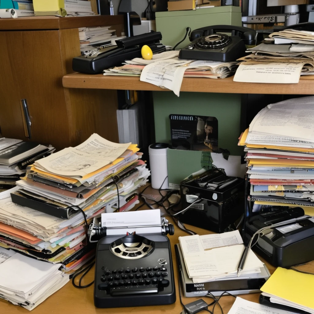 Create an image of a stereotypical 1960s (male journalist:1.4) at his newsroom, embodying the chaotic energy of the era's newsrooms. The desk should be cluttered with files piled high, old magazines strewn about, a manual typewriter, scattered reporter's notebooks, pens, 1easteregg and overflowing ashtrays signifying long hours. Shelves in the background are filled with books, more files, an old rotary phone, and vintage camera equipment in the smoke-filled ambiance of hard news reporting. Muted, earthy tones like olive green, mustard yellow, and burnt orange, complemented by a grainy texture. <lora:RealMessyEaster_v09_exp:0.8>