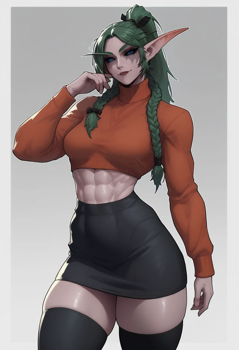 score_9, score_8_up, score_8, rating_explicit,
((tall girl)), massive body, (muscular), solo, lustfull look, looking at viewer, soft seductive smile,
TyrN, colored skin, pointy ears, elf, green hair, long hair, ponytail, twin braids, blue eyes, black sclera, medium breasts,
fhair ribbon, long hair, ribbon, two side up, parted bangs, black skirt, black thighhighs, long sleeves, red sweater, turtleneck,
