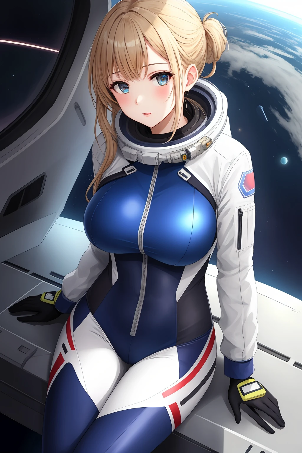 masterpiece,  best quality,  1girl,  translucent skin,  Blue,  bodysuit,  mechanical,  cowboy shot,  space,  sitting,  from above,  large breasts,  bone, Spacesuit1.5	 White,