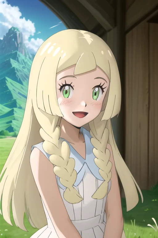 masterpiece, best quality, absurdres, (ultra detailed, light rays, bloom, outdoors, day, mountains, grass, sky, clouds, 1girl, solo, lillie (pokemon), white dress, sleeveless dress, collared dress, looking at viewer, blush, open mouth, smile, upper body