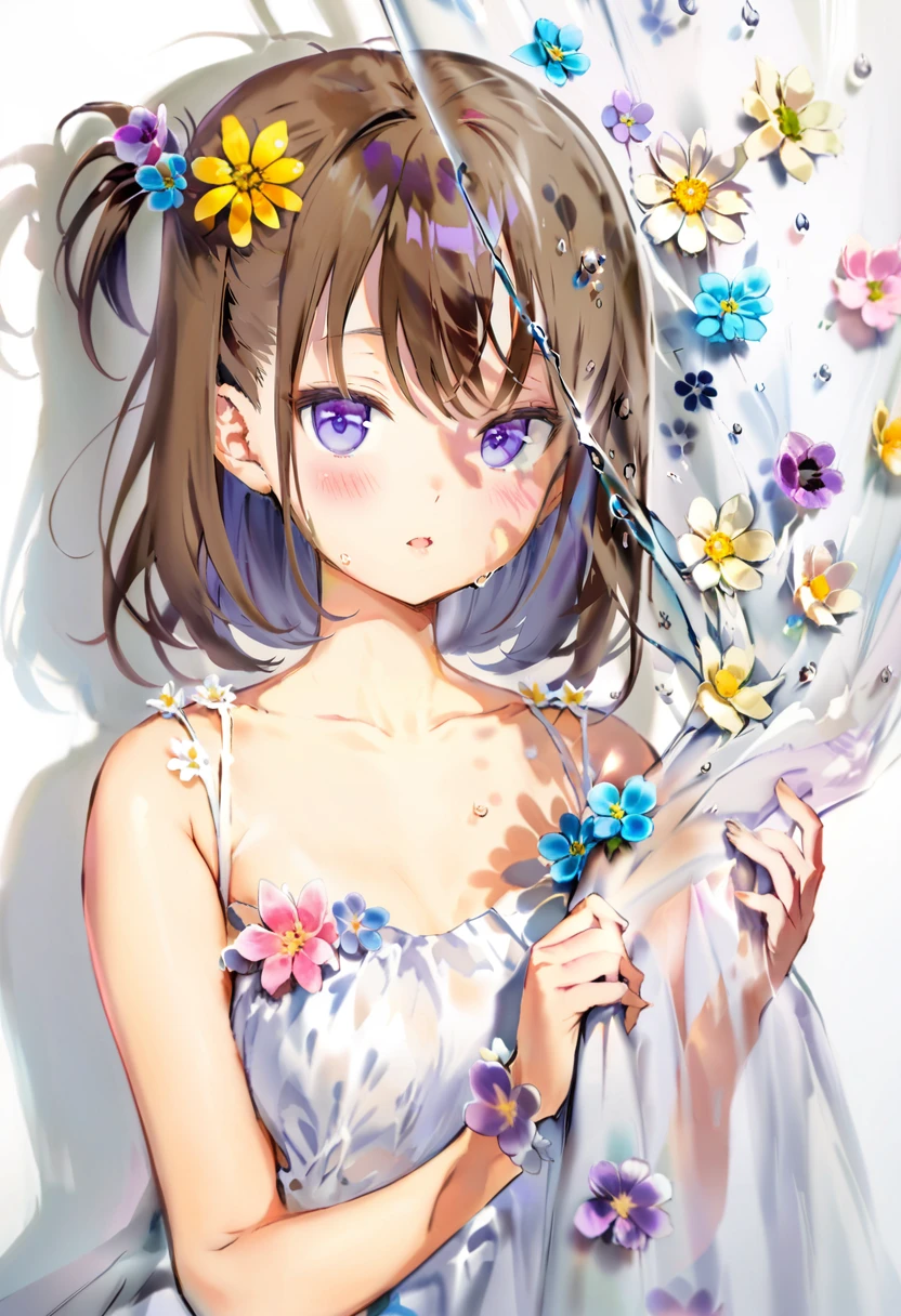 masterpiece, best quality, <lora:anmiXL_ANI31_lokr_V2233:0.95> 1girl, solo, flower, hair ornament, dress, hair flower, brown hair, white dress, purple flower, looking at viewer, blush, purple eyes, collarbone, parted lips, bare shoulders, blue flower, bangs, yellow flower, one side up, upper body, shadow, sleeveless dress, pink flower, white flower, water drop, holding, white background, sleeveless, transparent, small breasts