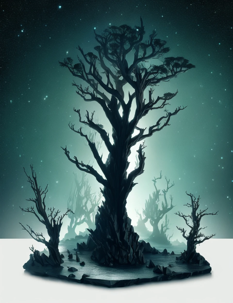 DonMB14ckR0ck black rock, unique elven tree, <lora:DonMB14ckR0ck-000006:0.7>