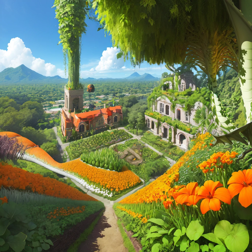 <lora:Mega flora:0.4> best quality, mega flora, dragon, irradecent wings, (jungle:1.2), fennel, orange flowers, canopy, lush jungle