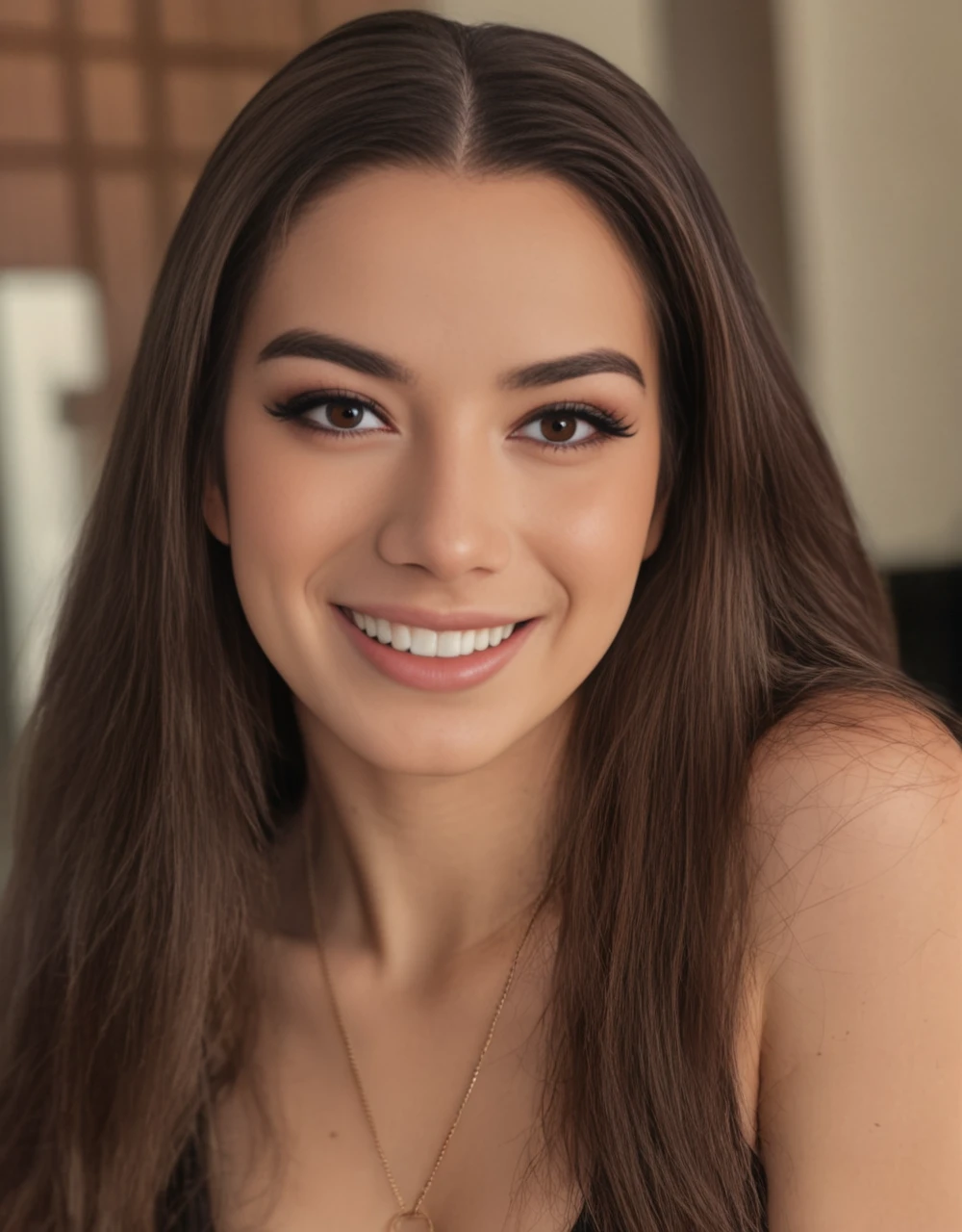 <lora:MissMikkaaSDXL1.0-000021:1> Mikkaa, woman,
highly detailed, skin texture, close up, beautiful lady, big smile, brown eyes, straight long brown hair, dark makeup, smokey eyeshadow, hyperdetailed photography, soft light, head and shoulders portrait, cover,  <lora:DetailedEyes_V3:1>