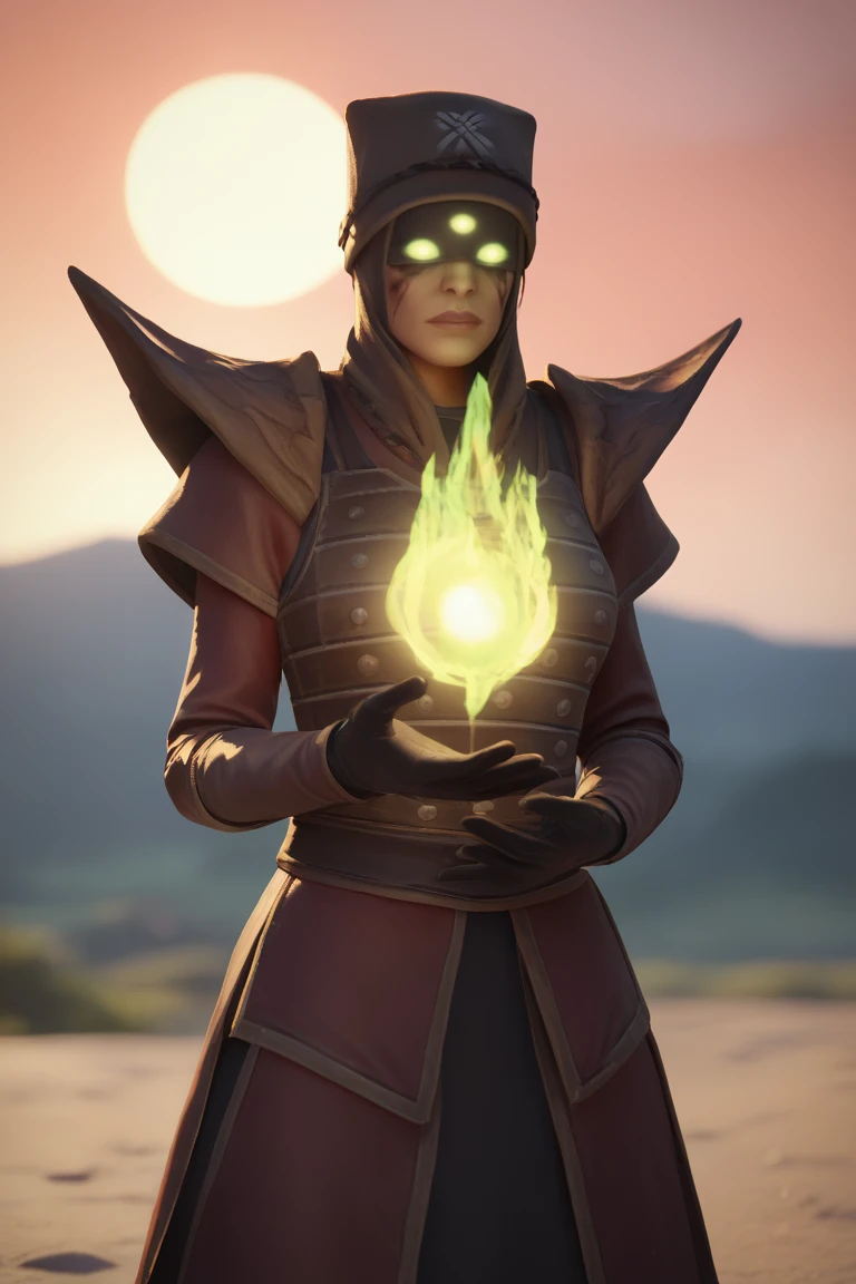 score_9, score_8_up, score_7_up, BREAK, 1girl, solo, breasts,  <lora:erismorn-guy-PONYv1:1>, erismorn, glowing eyes, makeup, hat, armor, gloves, glowing, outdoors, shadow, red sun, magic, casting spell, depth of field, sunset, red sky, green fire