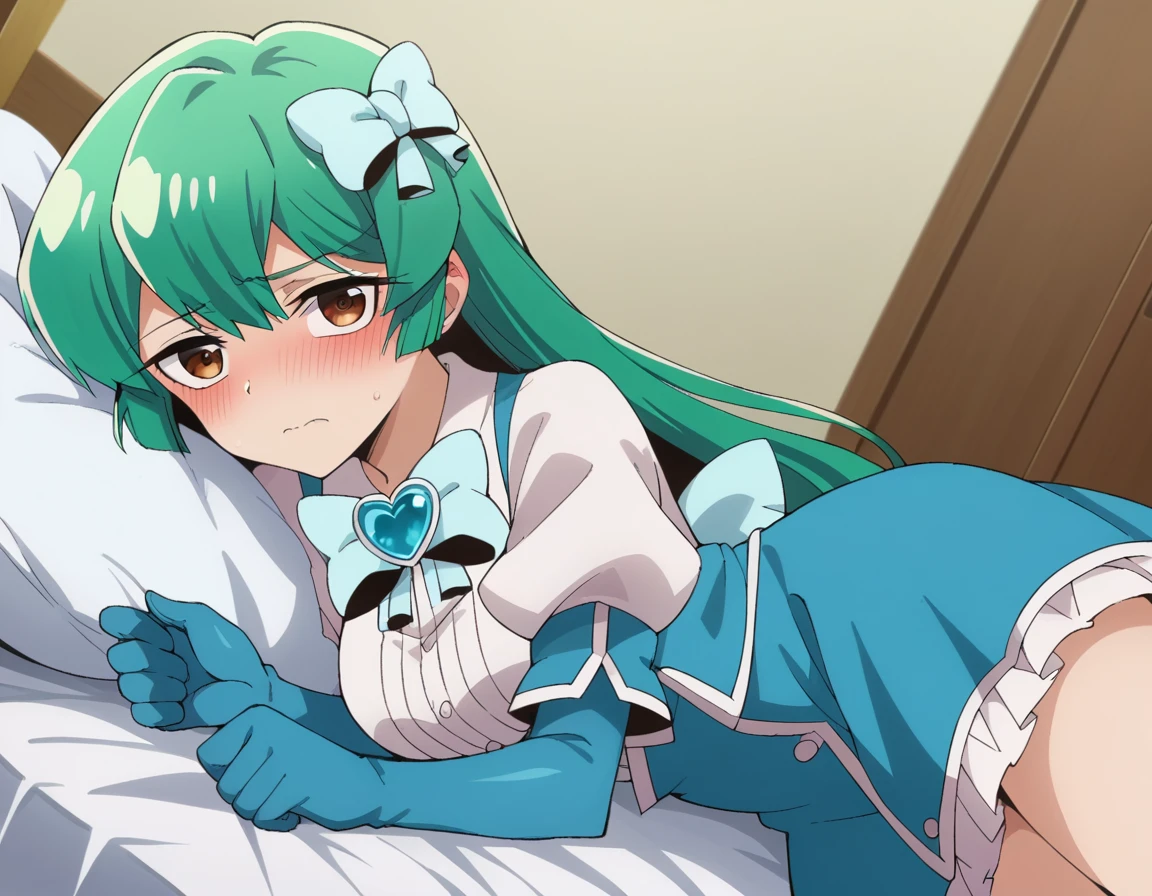 score_9, score_8_up, score_7_up, source_anime,
sayominakami, <lora:sayo-minakami-ponyxl-lora-nochekaiser:1>
sayo minakami, long hair, brown eyes, bow, hair bow, green hair,
skirt, gloves, boots, elbow gloves, magical girl, blue gloves,
indoors, bed, bed room, on side, blush, drunk,
looking at viewer, dutch angle, cowboy shot